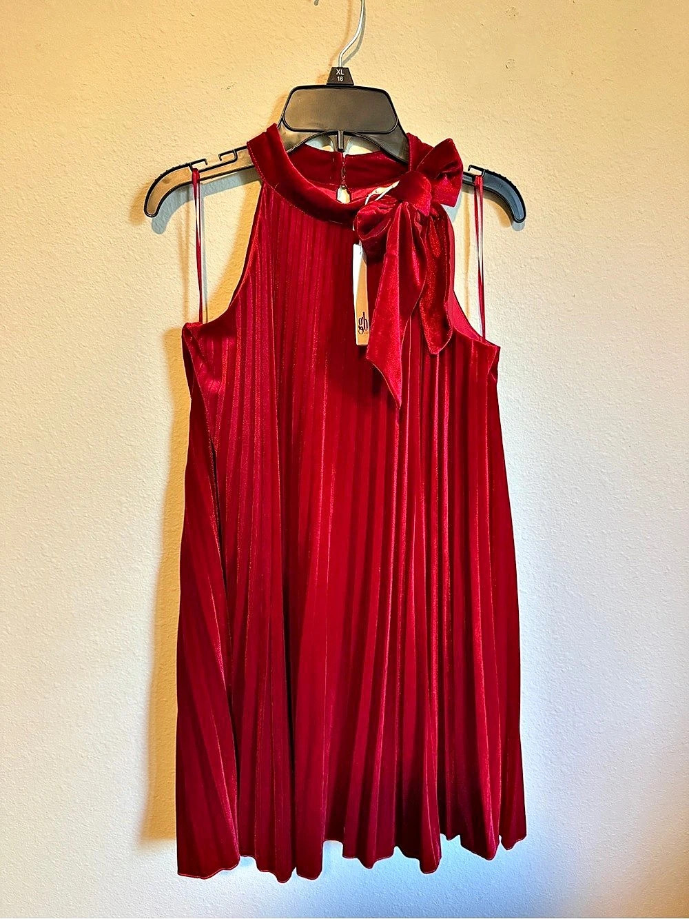 NWT GB girls Red Velvet Bow-Neck Mini Dress . Sz.L